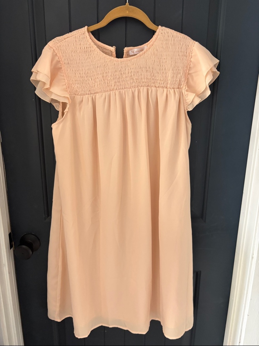 Girls Peach Smocked Yoke Flutter-Sleeve Formal Dress